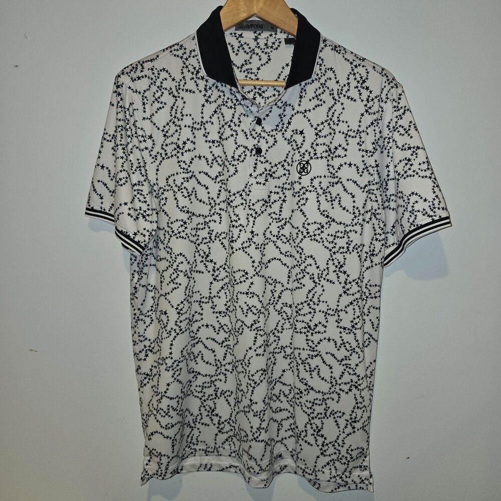 G/FORE White Black Star Print Sz M Men's Polo Shirt Short Sleeve Collared Logo